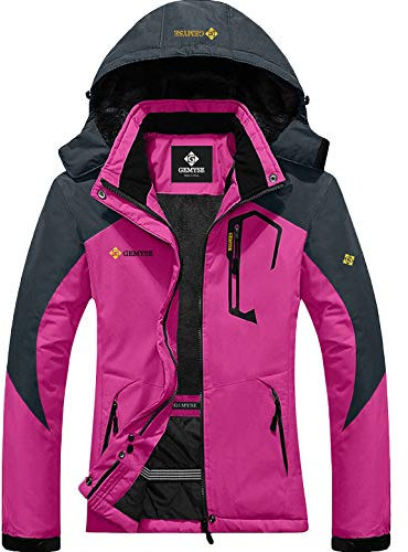 GEMYSE Donna Giacca da Sci Invernale Calda Antivento Impermeabile Cappotto da Neve e Snowboard Parka con Cappuccio Rimovibile(Rosso Rosa Grigio,L)