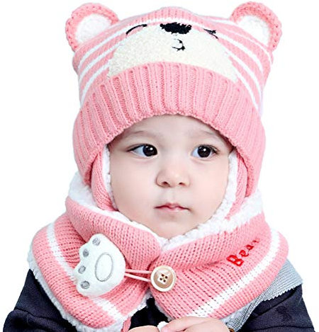 Bozaap Winter-Babymütze, Kleinkind Warmer Schal, Mütze, Halswärmer, Niedliches Strickmütze-Set, Baby-Ohrenklappe, Beanie-Mütze Mit Schal (Rosa)