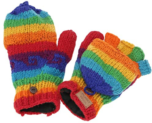GURU SHOP Handgestrickte Handschuhe, Klapphandschuhe Nepal, Wollhandschuhe - Regenbogen, Herren/Damen, Wolle