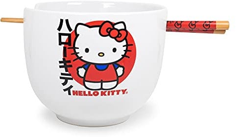Silver Buffalo Sanrio Hello Kitty Bol à riz japonais en céramique avec baguettes Passe au micro-ondes 590 ml