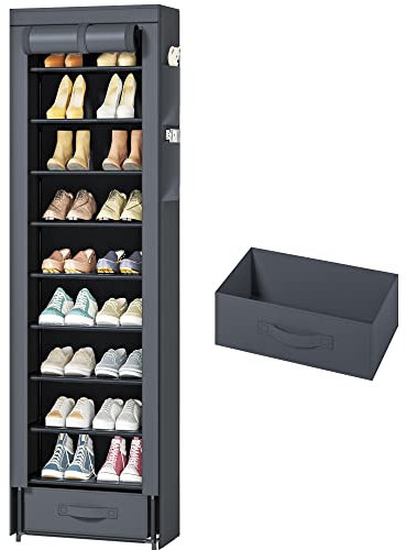OYREL Shoes Rack 10 Tier Tall Narrow Shoe Rack with Bin Covered Shoe Shelf Storage Organizer Closet Stackable Shoe Stand