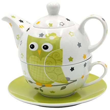 Dekohelden24 Porzellan Teekannen-Set/Tea for one mit Eule in weiß/grün, 3-teilig, L/B/H 16 x 14 x 10 cm, Fassungsvermögen Kanne - Tasse 400-200 ml