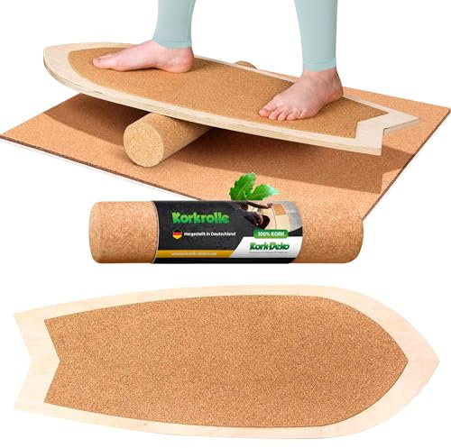 Surf Balanceboard mit Korkpad & Korkrolle & Matte | 88 x 32 cm | Gleichgewichtsbrett | Wackel-Brett | Koordinationstraining | Gleichgewicht & Koordination (Surf-Balanceboard + Korkrolle + Korkmatte)