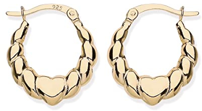 9ct Gold on Silver Heart Creole Hoop Earrings - Patterned