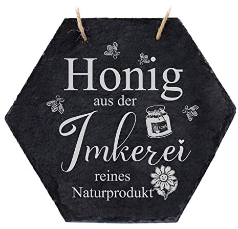 Imker Schild aus Schiefer Bienen Deko - Honig aus der Imkerei reines Naturprodukt - Bienenwabe 18 x 16 cm | Dekolando, Grau