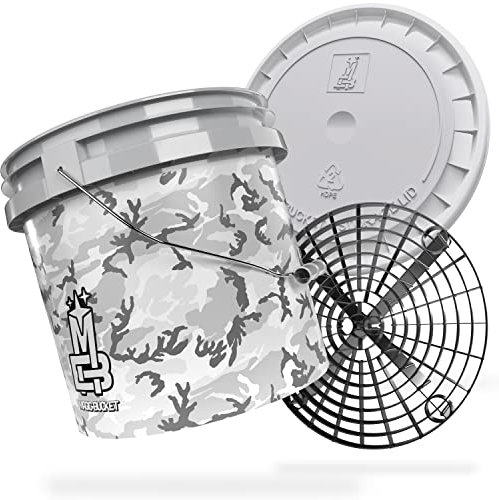 MAGIC BUCKET | Auto Handwäsche Bundle | Wascheimer mit passendem Eimer Deckel 3,5 US GALLONEN ca. 13 Liter | Mit Grit Guard Eimereinsatz Schmutzsieb | Waschset Camouflage Grau/Schwarz