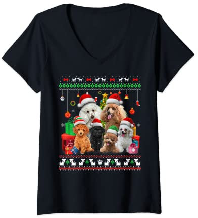 Damen Weihnachtsbaumschmuck Pudel Weihnachtsmütze Ugly Xmas T-Shirt mit V-Ausschnitt