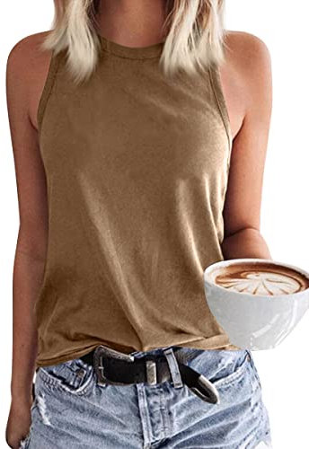 GeGekoko Damen Tank Top Ärmellose Oberteile Sommer Tanktops Rundhals Blusentop Basic Baumwolle Strand Tops Sexy Vest Bluse Braun XL