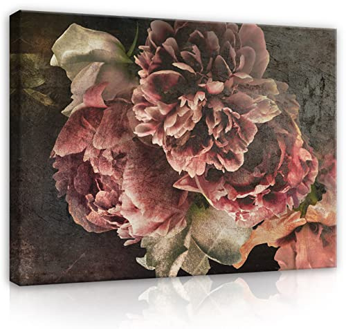WallArena - Leinwand Bilder - Blumen Vintage Pfingstrosen Blume Natur - 100x75 cm Leinwandbilder - Bild auf leinwand - Wandbild XXL groß Wandbilder für Wohnzimmer Schlafzimmer Wohnzimmerbilder Modern