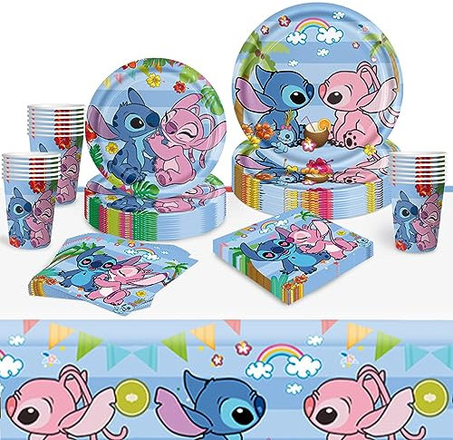 Amycute Set Stoviglie Compleanno Stitch, Kit Compleanno Bambina Piatti Compleanno Lilo e Stitch Tovaglia Tovaglioli e Bicchieri di Carta, Decorazioni Compleanno Stitch per Bambini (Tema 1)