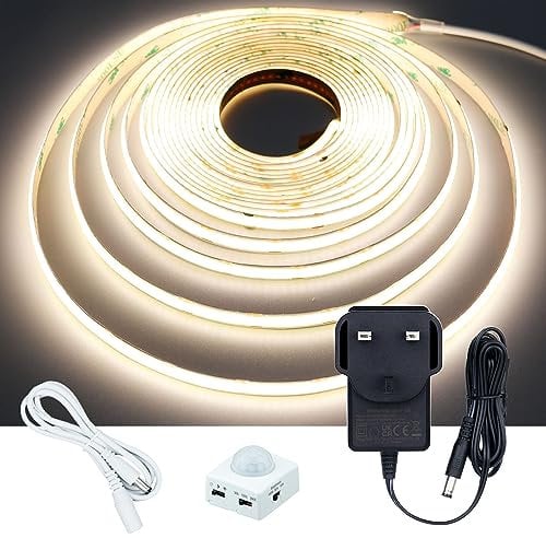 GOMING Motion Sensor COB LED Strip 16.4ft(5M) Natural White 4000K CRI 93+ 3 Lighting Modes 3 Timing Off Modes 3 Brightness Modes with Power Adapter for Kitchen Cabinets Stair Showcase Bedroom Bed