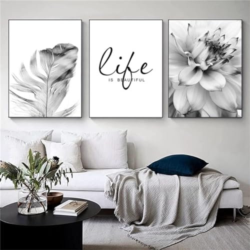 DLKAJFK Moderne Wandmalerei Plakat Set, Natürliche Landschaft Strand, Schilfblätter, Weiße Rosen, Leinwanddruck, Hintergrund Wanddekoration Plakat Set, Rahmenlos (Graue Blätter,3Pcs-50x70cm)