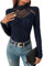 GORGLITTER Damen Bodysuit Elegant Bodies Stehkragen Öse Stickerei Bodys Langarm Body mit Spitzeneinsatz Königsblau S