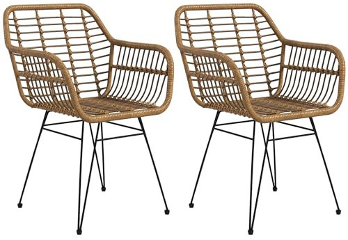HOMCOM Esszimmerstühle 2er Set Küchenstuhl mit Rückenlehne, Kunstrattan-Optik, Sessel mit Fußpolster, Wohnzimmerstuhl, Stühle mit Stahlbeine für Esstisch, Hellbraun+Schwarz