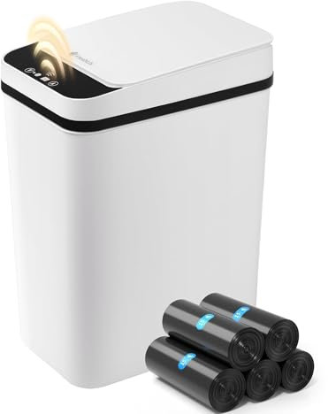 FRESHLIX Automatischer Badezimmer-Mülleimer, berührungsloser Bewegungssensor, kleiner Mülleimer mit Deckel, intelligenter elektrischer, schmaler, wasserdichter Mülleimer für Schlafzimmer, Büro, weiß