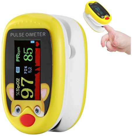 Oxímetro pediátrico. Pulsómetro profesional Medidor-saturador oxígeno en sangre con pantalla LED. Control de Frecuencia Cardíaca y nivel del de oxígeno de tu bebe. (AMARILLO)