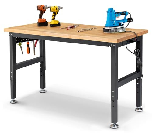 ENJOYWOOD 60 Inch Workbench for Garage Adjustable Height Work Table Rubber Wood Tabletop Work Bench with Power Outlets for Cutting Wood Woodworking Shop Home Office Electronic