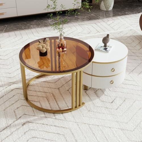 Merax Table basse ronde 2 en 1 avec 1 plateau blanc et 1 plateau marron en verre trempé - Table basse avec 2 tiroirs