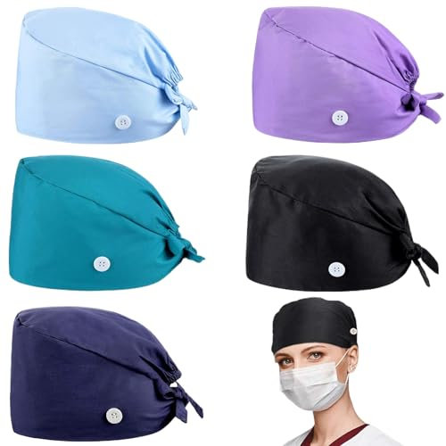 Blogiiup Scrub Caps, Krankenschwester Hut 5pcs Schweiß absorbierende Peelingkappen Größe Einstellbare chirurgische Kappe mit Knopf 5 Farben Polyester Baumwollpflegerkappen