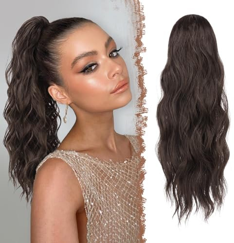 FESHFEN Pferdeschwanz Haarteil mit Kordelzug, 45 cm Wellen Zopf Pferdeschwanz Verlängerung Schokoladenbraun Dunkelbraun Haare Extension Synthetik Lang Wellig Haarverlängerung Ponytail für Damen Frauen