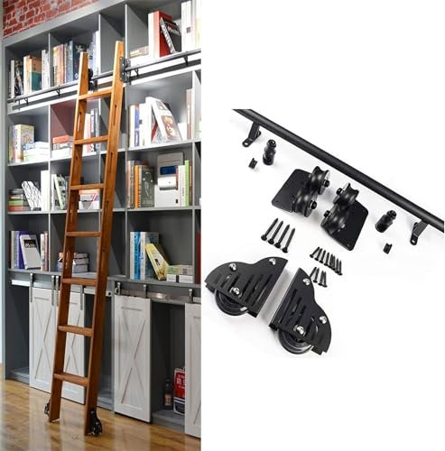 Einziehbare Rollleiter-Bibliothek Schiebeleiter-Hardware-Kit ， Schwarzes Rundrohr aus Stahl Kompletter Hardware-Satz für Schiebeleiter-Bücherregal-Hängeschiene + Verlängerungsschie