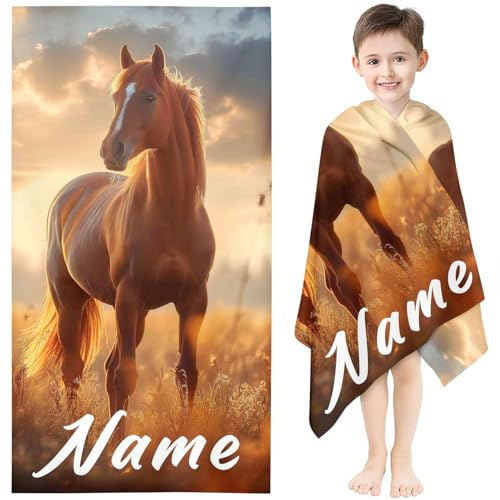 KIDSLOVE Personalisiert Pferd Badetuch mit Namen für Kinder 70x140cm | Weiches saugstarkes Mikrofaser, individueller Namensdruck