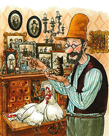 Postkarte Pettersson und Findus: Findus mit Familienportraits