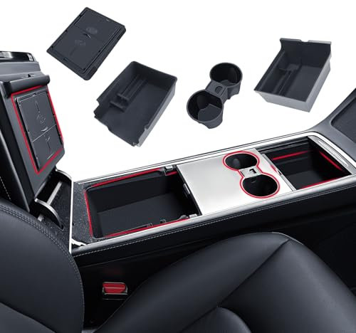 ASZSK 4 Pieces Accessories for Tesla Model Y 2021-2024 Model 3 2021-2023, Centre Console Storage Box, Armrest Organiser, Hidden Drawer and Drink Holder