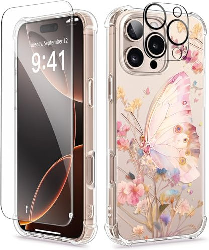GVIEWIN Compatible with iPhone 16 Pro Max Case 2024,[Camera Control Button]with Screen&Camera Lens Protectors Clear Shockproof Drop Protection Anti-scratch Floral Cover for Women Girl,Magic Butterfly