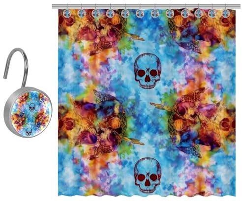 Eslifey Rideau de douche 122 x 183 cm avec crochets, rideau de douche en tissu résistant à l'eau avec 9 crochets pour rideau de douche, têtes de mort tie-dye