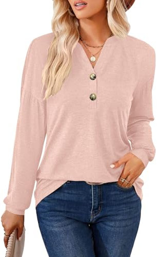 T-shirt à manches longues pour femme, col en V sexy, chemisiers élégants, Rose, XL