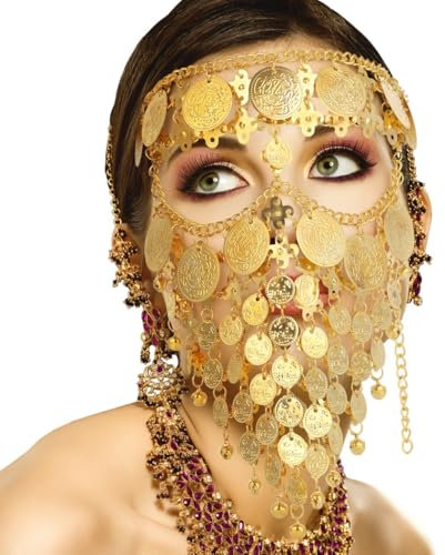 Luxuriöser und eleganter Goldschmuck, Schleier, Gesichtsmaske für Tanz, Karneval, Halloween, Party, Cosplay, Bauchtanz, Schmuck, Münzschleier, verstellbare Passform, goldfarben, Einheitsgröße,