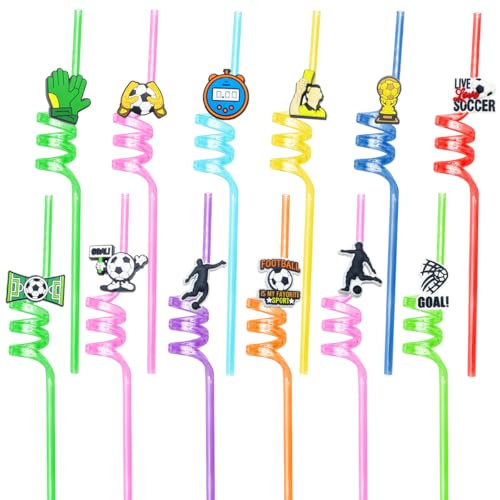 12 Stück Fußball Kinder Strohhalme, Plastik Strohhalme Kinder, Wiederverwendbare Strohhalme, Cocktail Strohhalme, Curly Trinkhalme, Fußball Trinkhalme für Geburtstagsdeko Party Mitgebsel Deko