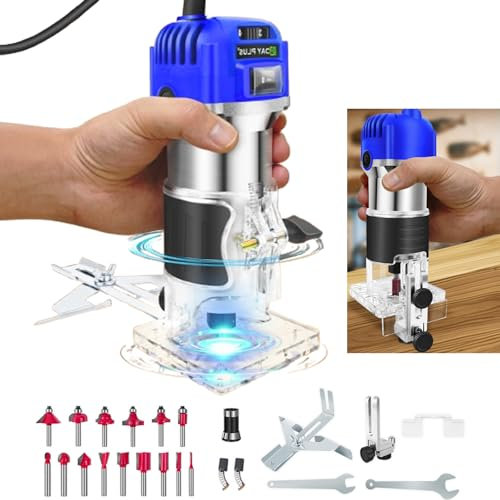 Wood Router, Electric Palm Router Tool - 800W Powerful Motor 30000 RPM, Hand Wood Trimmer with Trimmer Base, 15PCS 1/4 Router Bits, Trimming Guide, Straight Guide, 6 Variable Speeds