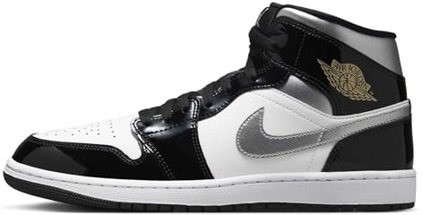 Air Jordan 1 Mid SE Men's Shoes (HV0789-010, Black/White/Metallic Gold/Metallic Silver), Black Metallic Silver White 010, 10 UK