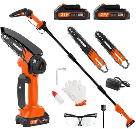 Cordless Pole Saw, 2-in-1 High Branch Saw & Handheld Garden Chain Saw, Electric Extension Chainsaw with 2*1.5AH Battery, 2.3m Long Reach Telescopic Pole Pruner ,150° Adjustable Head for Tree Trimming