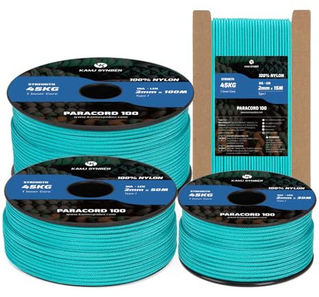 Kamu Synber 2mm Paracord 30M 100% Nylon Seil Reißfeste Schnur mit 1 Kern Typ I Allzweckseil für Basteln, Outdoor, Camping, Survival | Tragkraft 45kg | Türkis