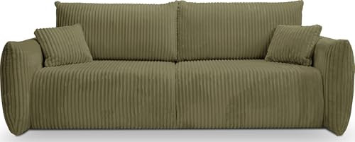 WFL GROUP 3-Sitzer Schlafsofa Agnes mit Bettkasten – Skandinavisches Sofa mit Schlaffunktion und Bettfunktion, Polstergarnitur mit schwarzen Beinen – Cord Sofa - Olivgrün