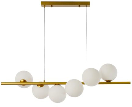 Lampadario Moderno a Sospensione, 6 Sfere Bianco Opaco, Barra Lineare Oro, Illuminazione per Sala da Pranzo cucina isola