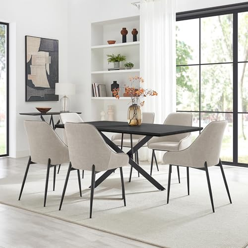 Furniturebox UK Leonardo Black Top Dining Table and 6 Beaumont Fabric Chairs, Cream