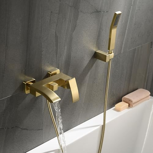 Robinet Mural Salle de Bain Baignoire avec Bulle en Cascade 90° Rotative Mode Double Mitigeur Bain Douche,Or Brossé