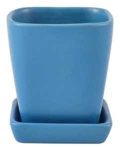 Quadratischer Keramik-Blumentopf mit Drainagelöchern und Untersetzer, für Innen- und Außenbereich, Blumenkübel für Balkon, Wohnzimmer, Schlafzimmer, Fensterbank, kleiner blauer Übertopf