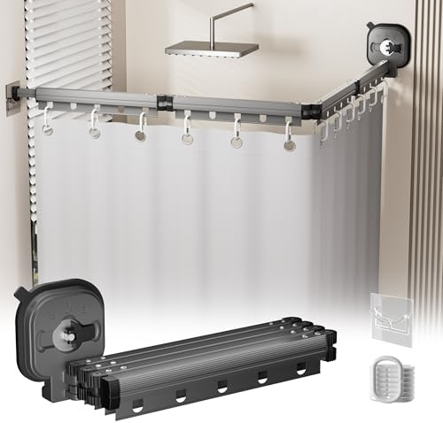 Faltbarer Duschvorhang Ohne Bohren mit Duschvorhangstange,Starker Saugnapf für Badezimmer mit Winkelverstellbarer Funktion L/U Form，Wasserdichter Duschvorhang 4 Folds Grey