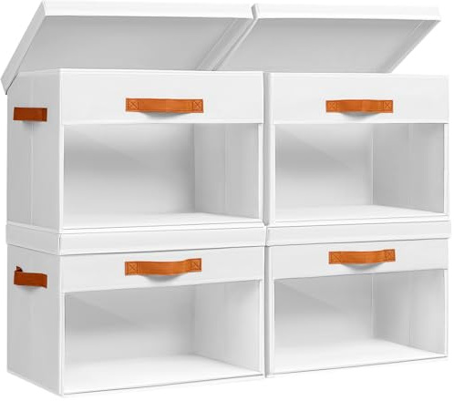 Homsorout Large Fabric Storage Boxes with Lids & Clear PVC Window White 38L | 4 Pack Foldable Wardrobe Organiser with Handles, Dustproof Baskets for Desk, Porch, Loft, Cabinet, Campervan, Pantry, Office