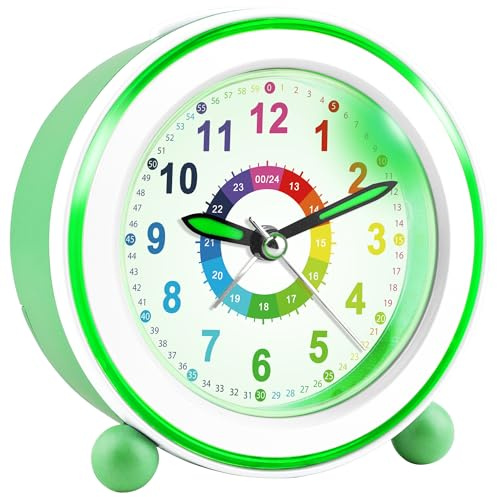 GUUMUXIN Wecker Kinder Analog Ohne Ticken (Grün) | Mit Nachtlicht, Nachttischuhr mit Snooze, Batteriebetrieben, Lernwecker für Jungen und Mädchen
