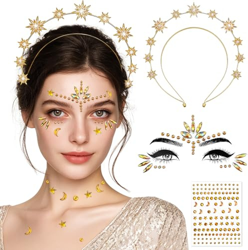 Haarreif Sterne, Fasching Haarreif Damen Karneval Kopfschmuck Stirnband | Stern Kostüm mit Gesichtstattoo Karneval, Sonne Mond Sterne Kostüm Doppellagiges sternförmiges Stirnband