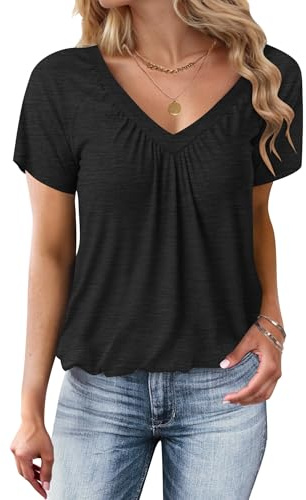 WNEEDU Ladies Bubble Hem Tops V Neck Short Sleeve T Shirts for Women UK | Summer Casual Blouses,Loose Fit Tee Shirts,Pleated Neck,Basic T-shirts,Casual Style,Lightweight Knit Fabric