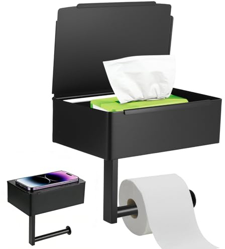 COZHYESS Toilettenpapierhalter Ohne Bohren Klopapierhalter Schwarz 3-IN-1 Multifunktion Selbstklebend,Mit Feuchttücherbox WC Papier Halterung Edelstahl Geeignet für Toilette/Badezimmer