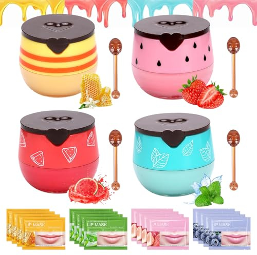4 PCS Honey Pot Lip Balm,Honey Moisturising Sleep Lips Mask to Dilute Lines, Balm with 12 Masks for Dry,Cracked