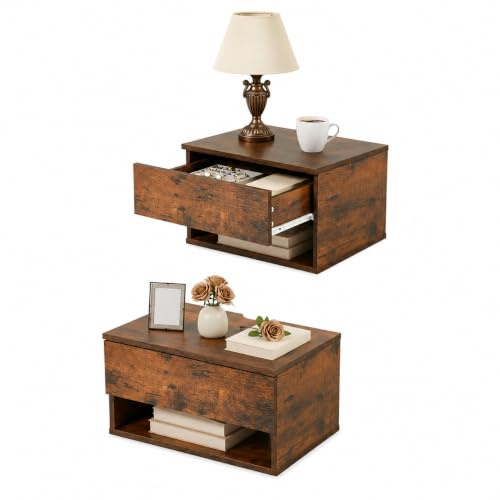 EGGREE 2er Set Nachttisch hängend Schwebendes Wandregal Schublade, 40x30x22.5cm, Modern Wohnzimmer Schlafzimmer, Stabiler Holztisch mit Offener Ablage, Vintage Braun